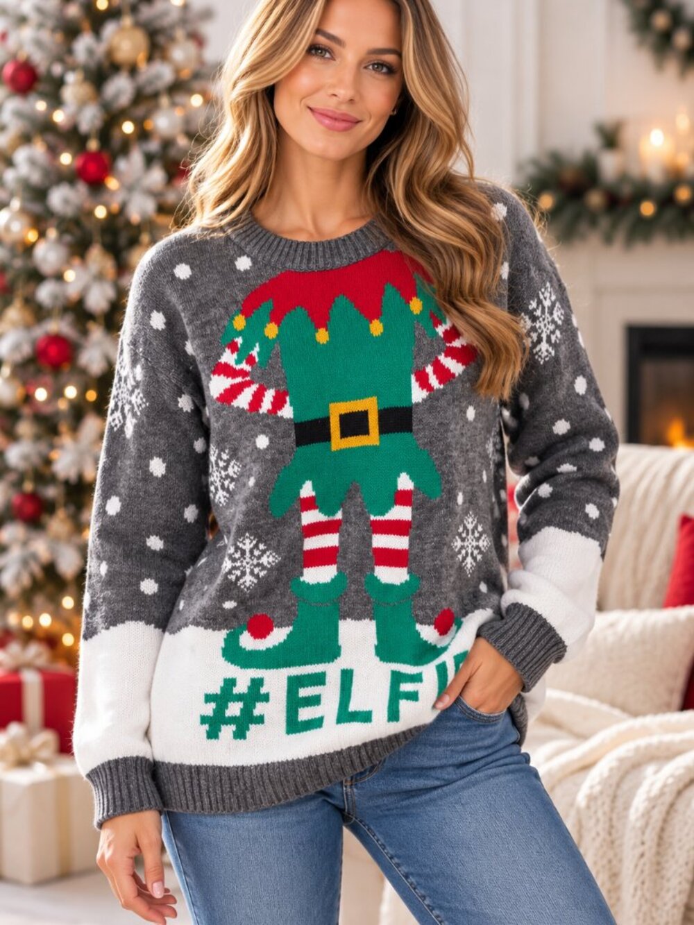 Club L Christmas Elf Sweater Gray White Green Red Size M Festive Holiday Pullove